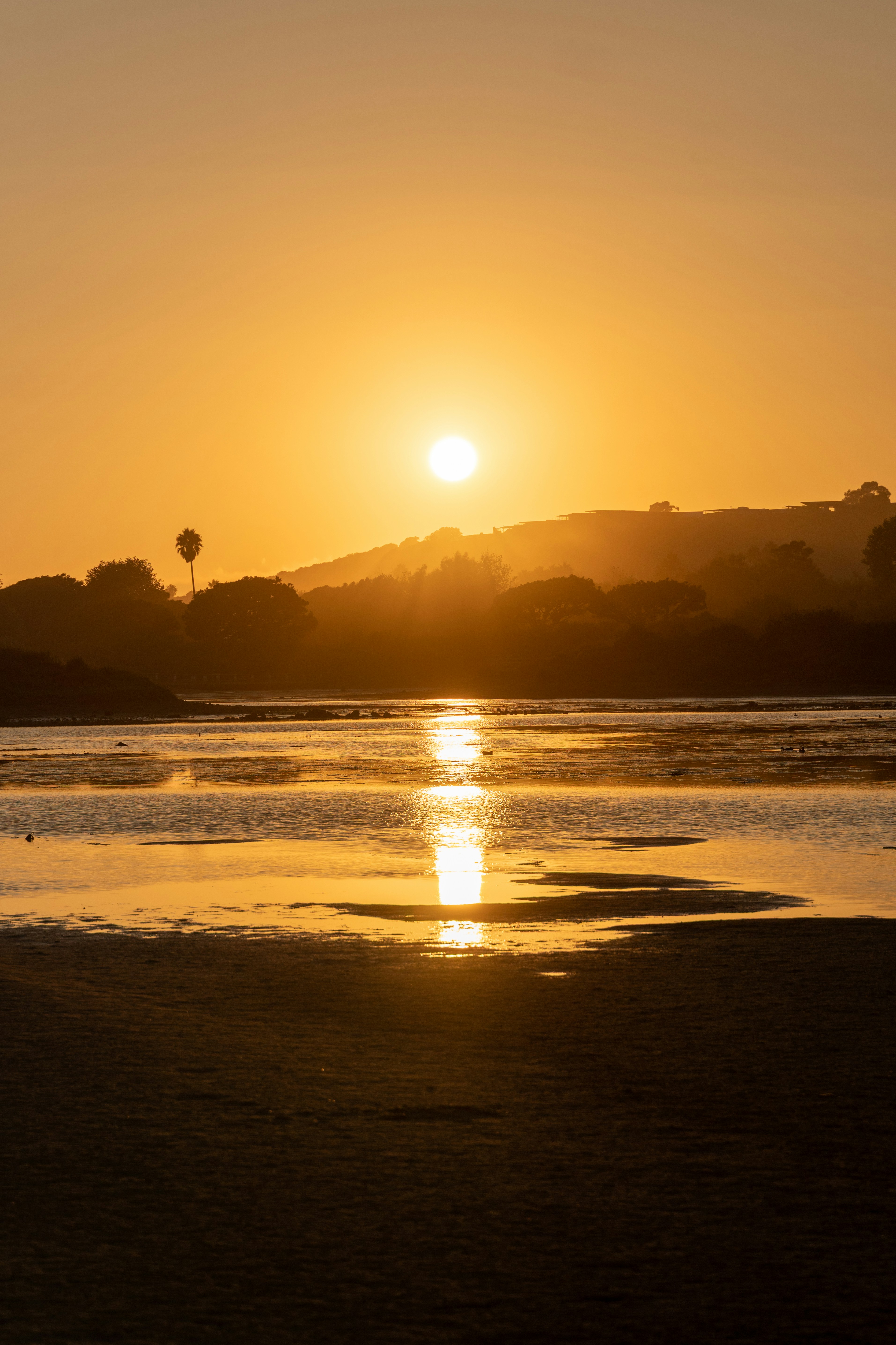 El sol se está poniendo sobre un cuerpo de agua
