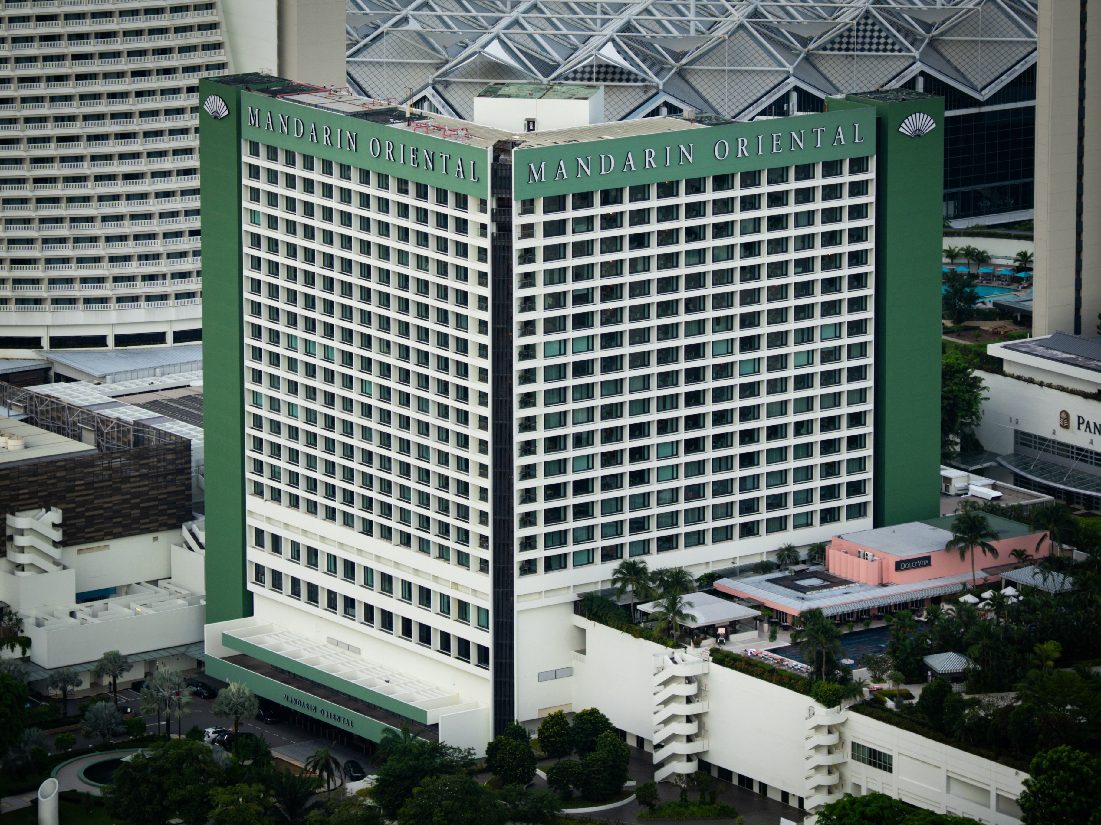 An aerial view of a large building in a city