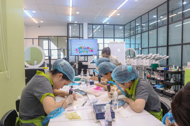 A group of people sitting at a table in a room