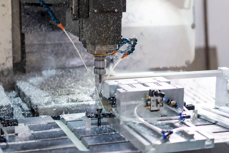 CNC milling machine cutting an aluminium workpiece under coolant