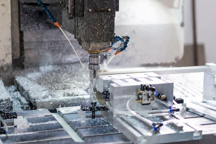 CNC machine cutting a precision tool component