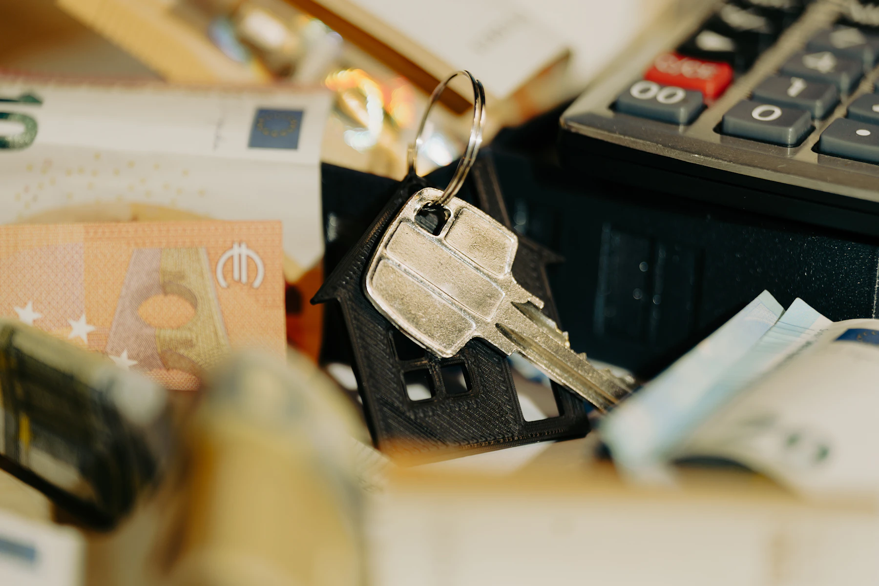 Calculatrice et argent disposés sur un bureau pour préparer un budget
