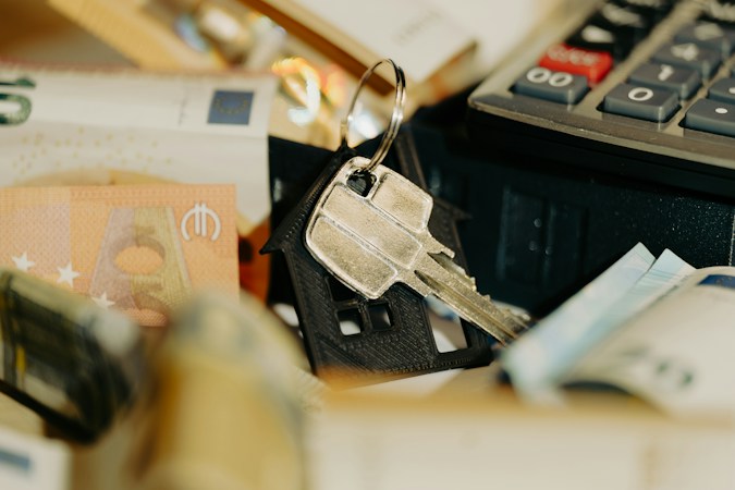 Stack of cash next to a calculator on a table, representing a buyer comparing loan options and monthly payments