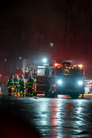 A group of firefighters standing next to a fire truck
