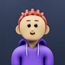 A cartoon character wearing a purple shirt and a red headband