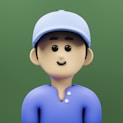 A cartoon character wearing a blue shirt and a blue hat