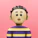 A small toy is standing in front of a pink background