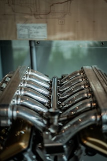 A close up of a motorcycle engine on display