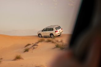 A white van driving through a desert area