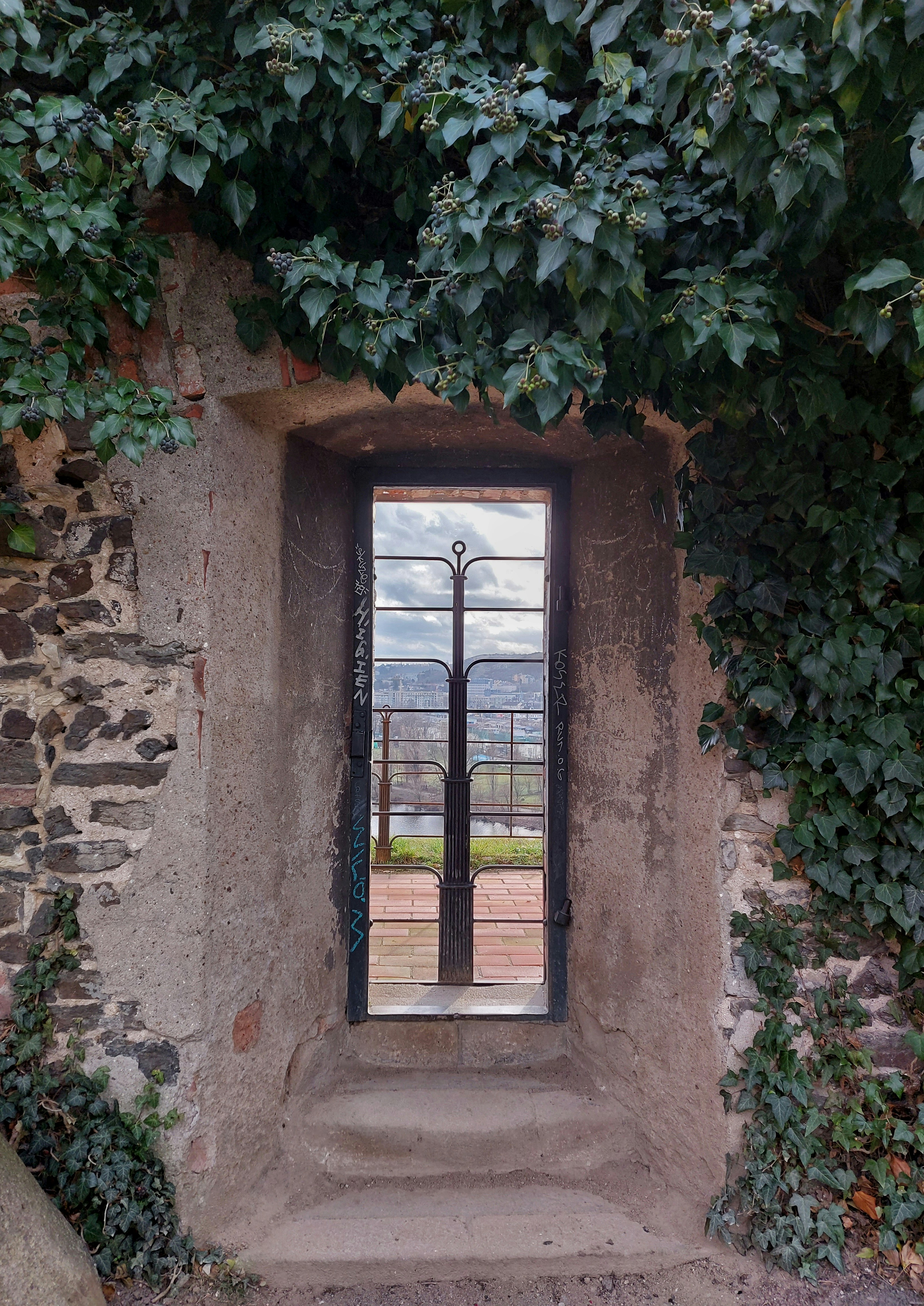 A window in a stone wall with a tree growing over it