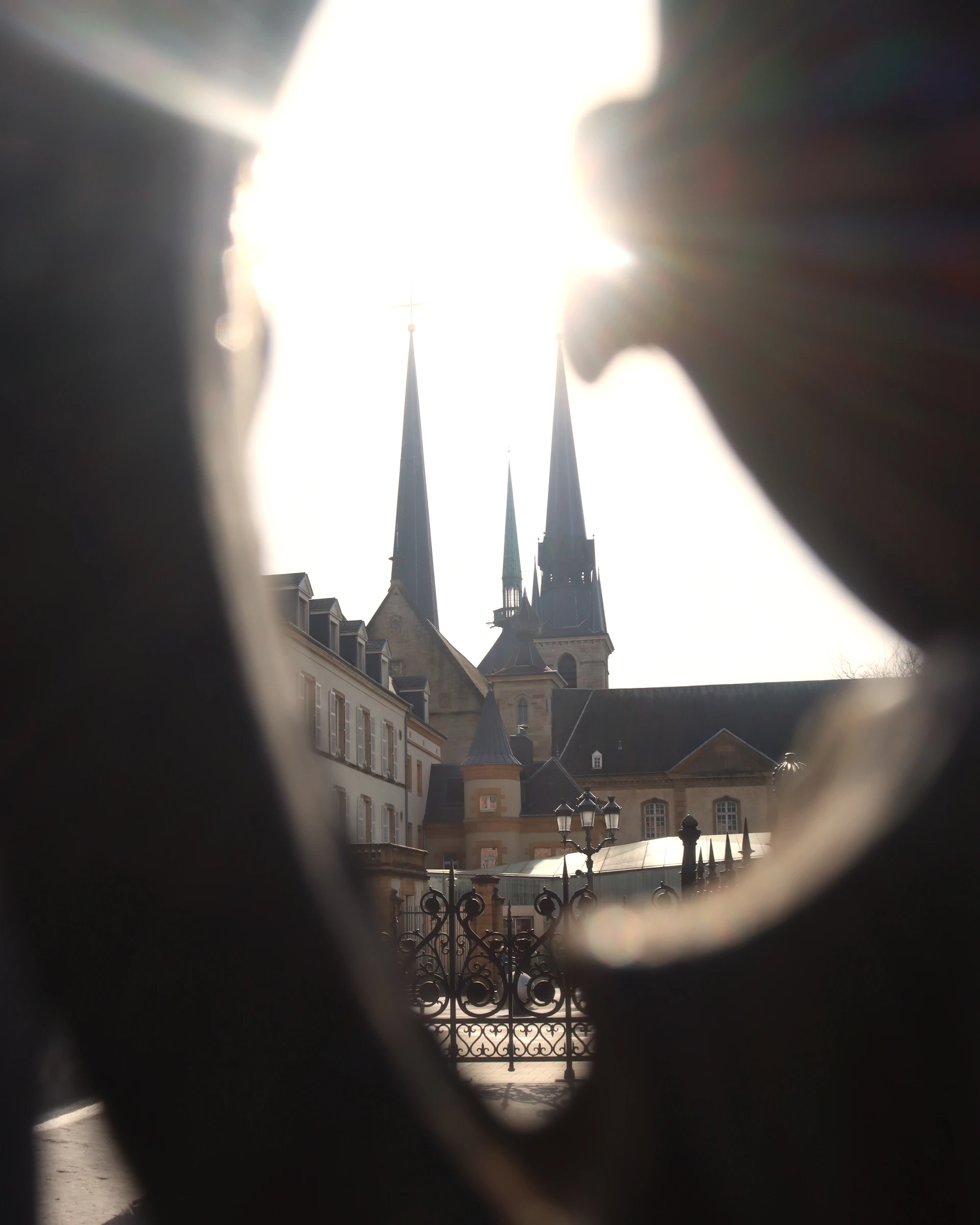 A view of a building through a mirror