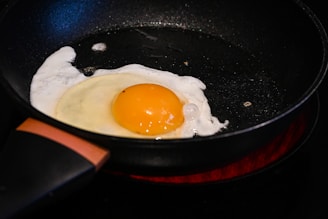 A fried egg in a frying pan on a stove