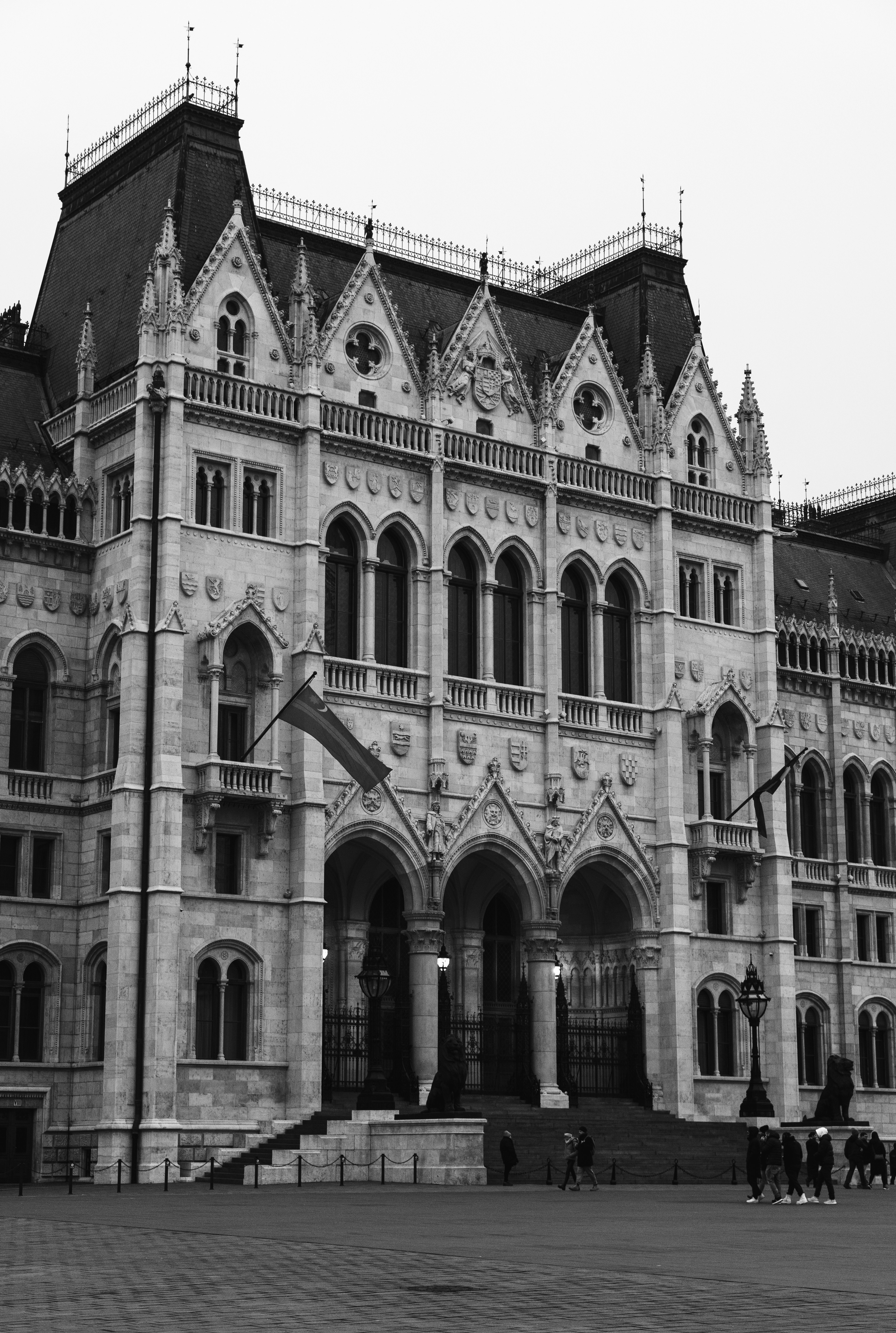A black and white photo of a large building