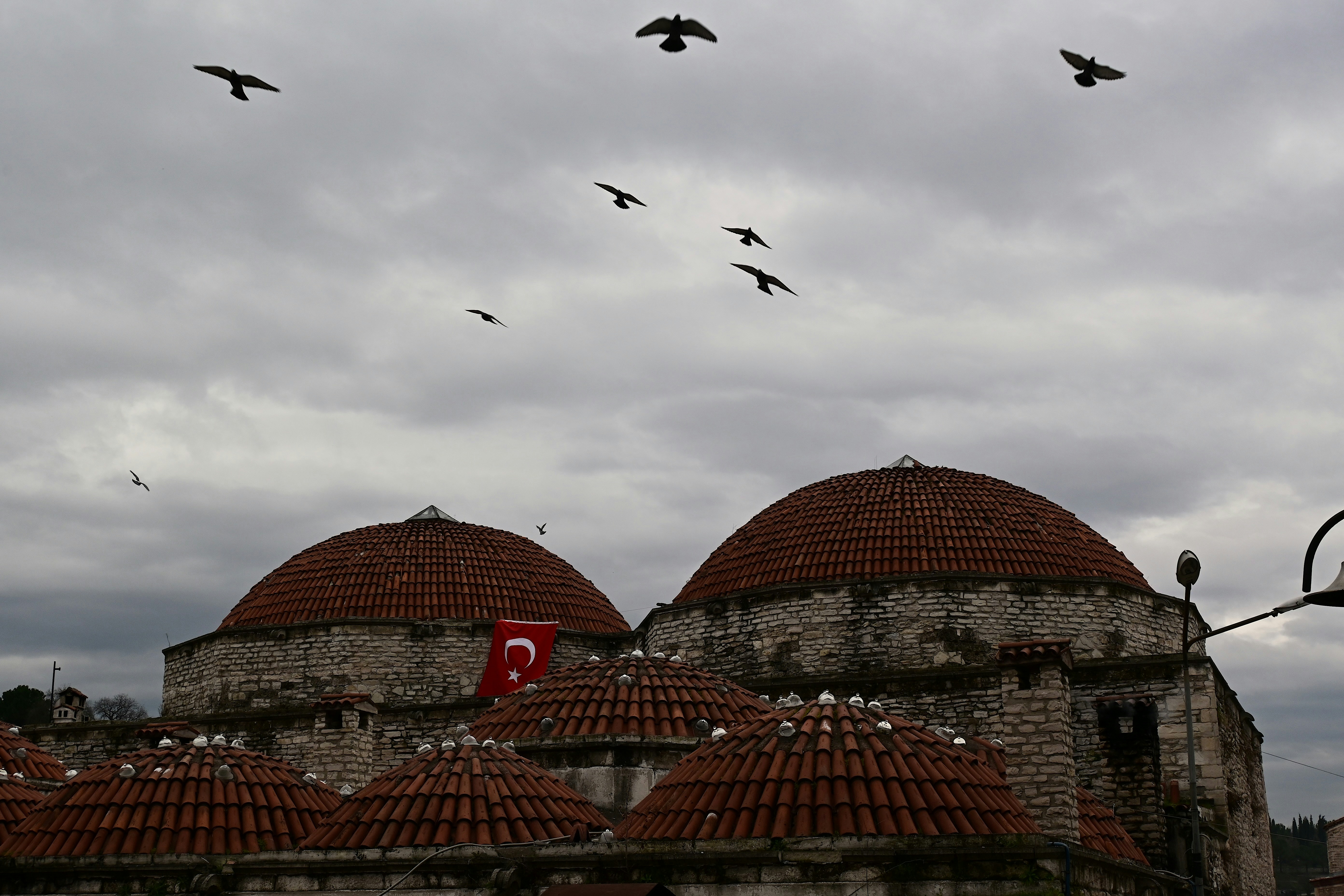 A flock of birds flying over a building, Turkish bath in Safranbolu/Turkey.