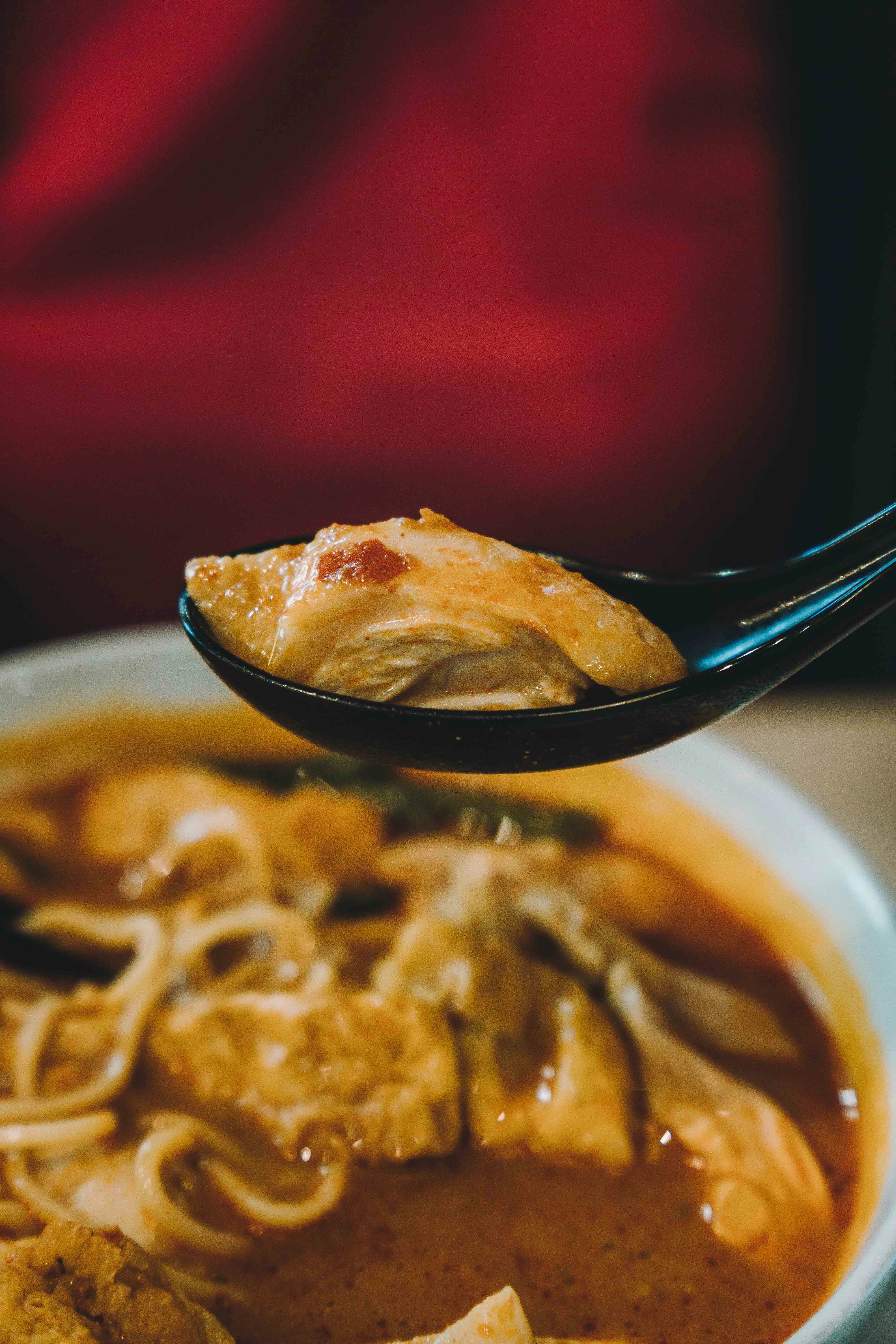 A spoon full of soup with noodles and meat