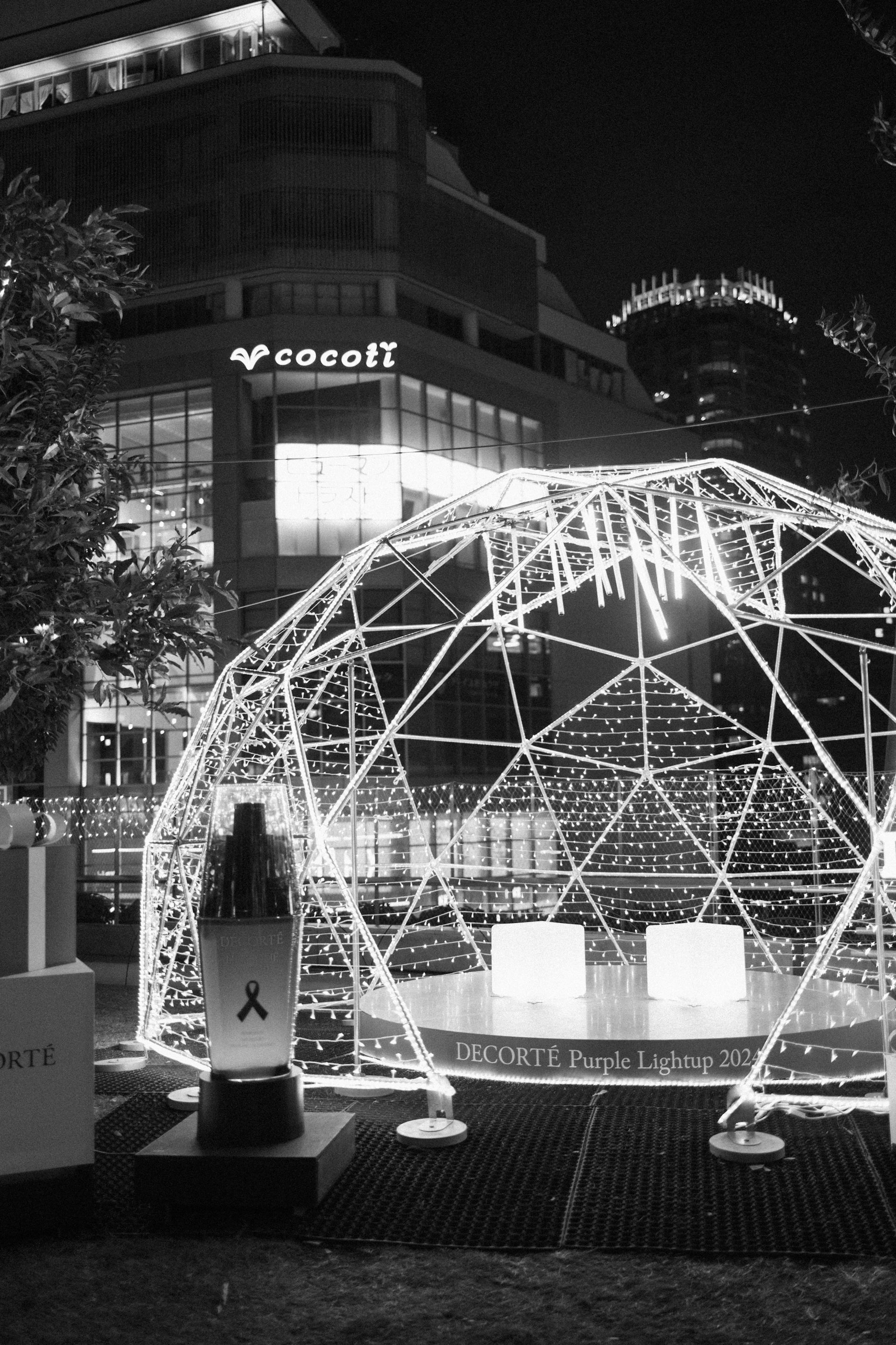 A black and white photo of a sculpture in the middle of a park