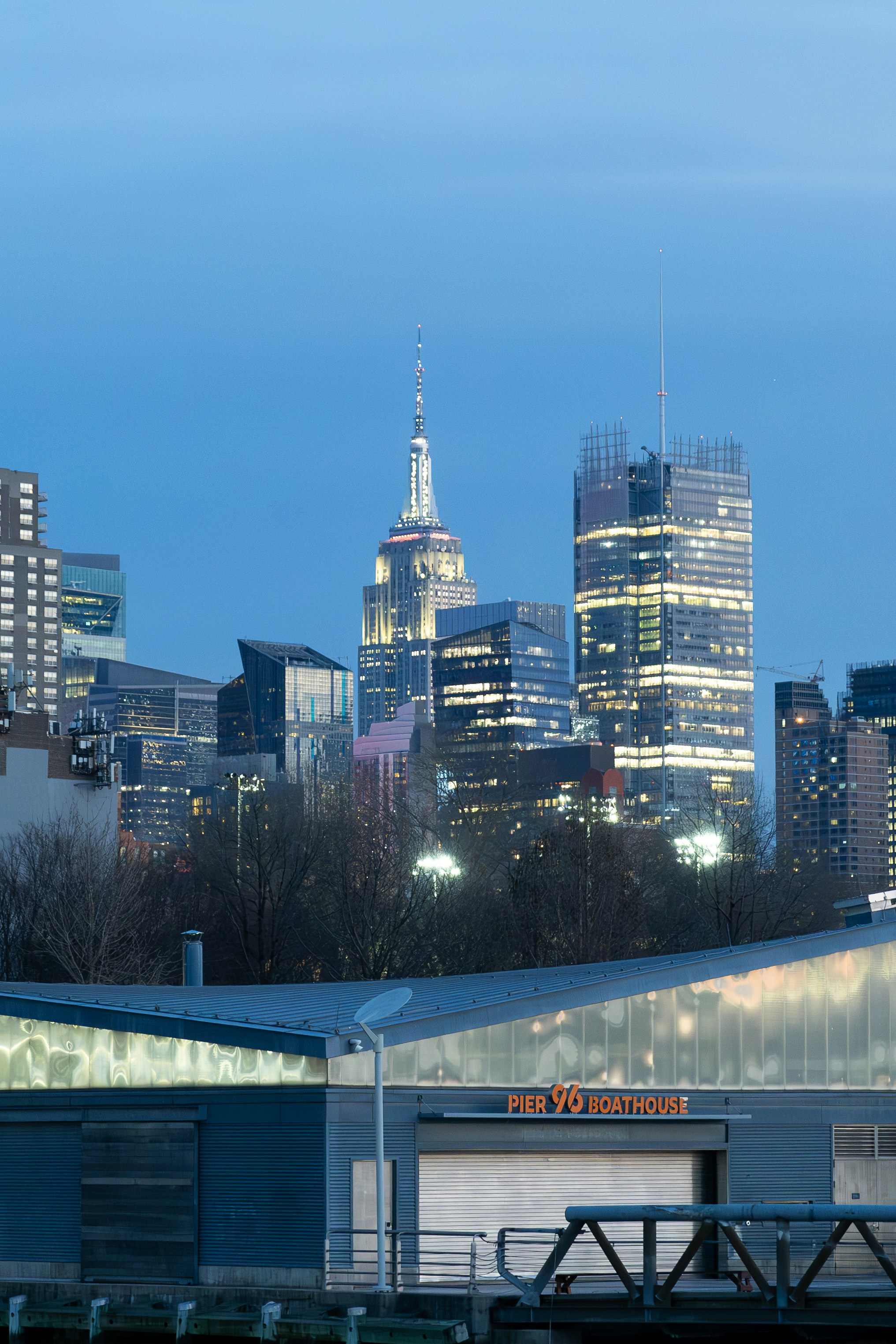 A view of a city skyline at night