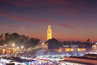 A large crowd of people standing around a city at night