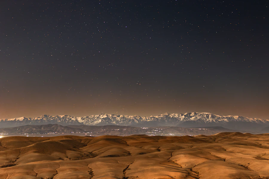 Agafay desert night rocky terrain Atlas Mountains Marrakech