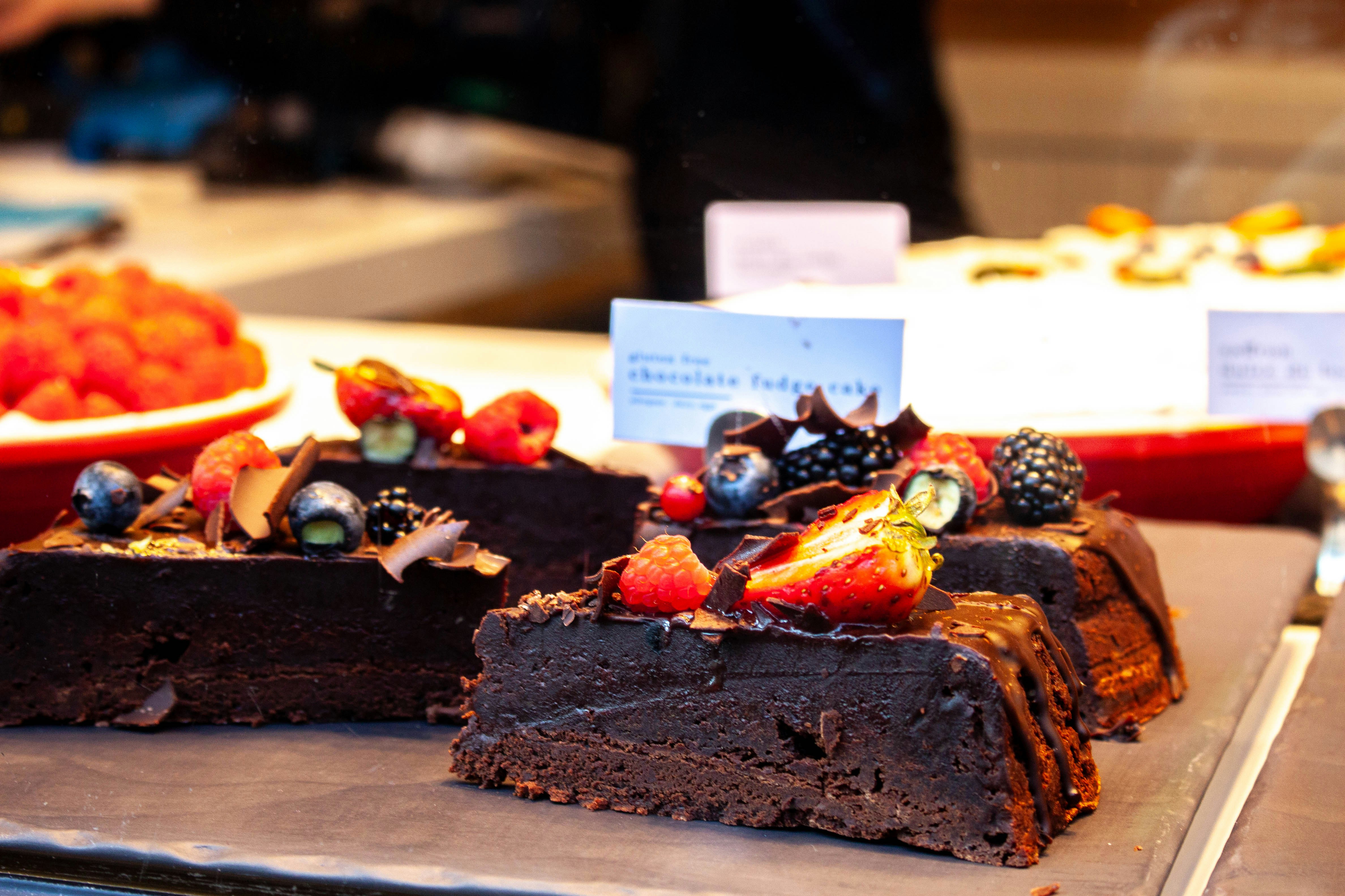 Cakes on display in a cafe