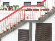 A stair case next to a building with potted plants