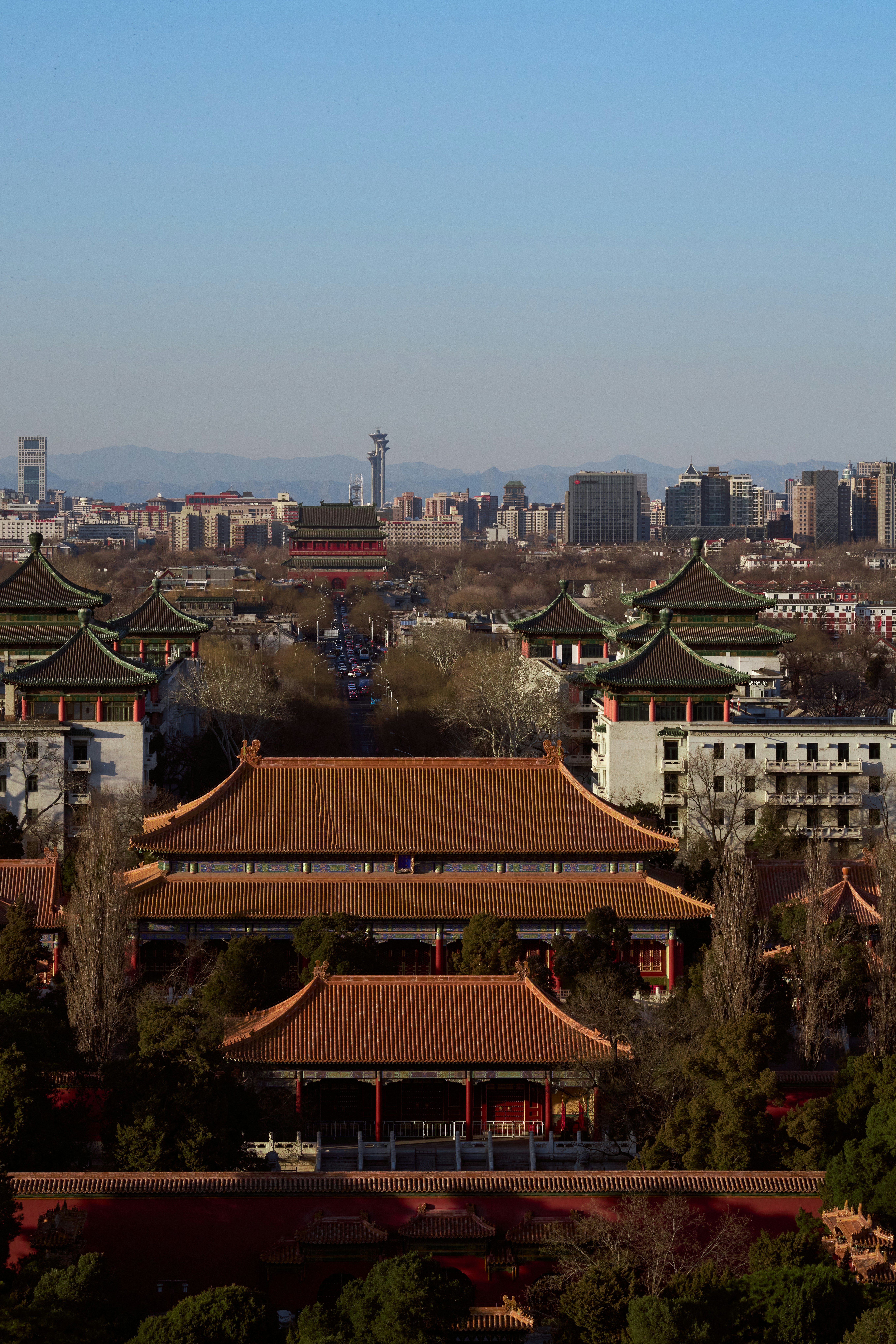 A view of a city with tall buildings