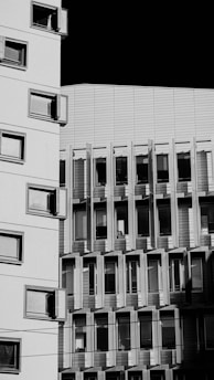 A black and white photo of a tall building