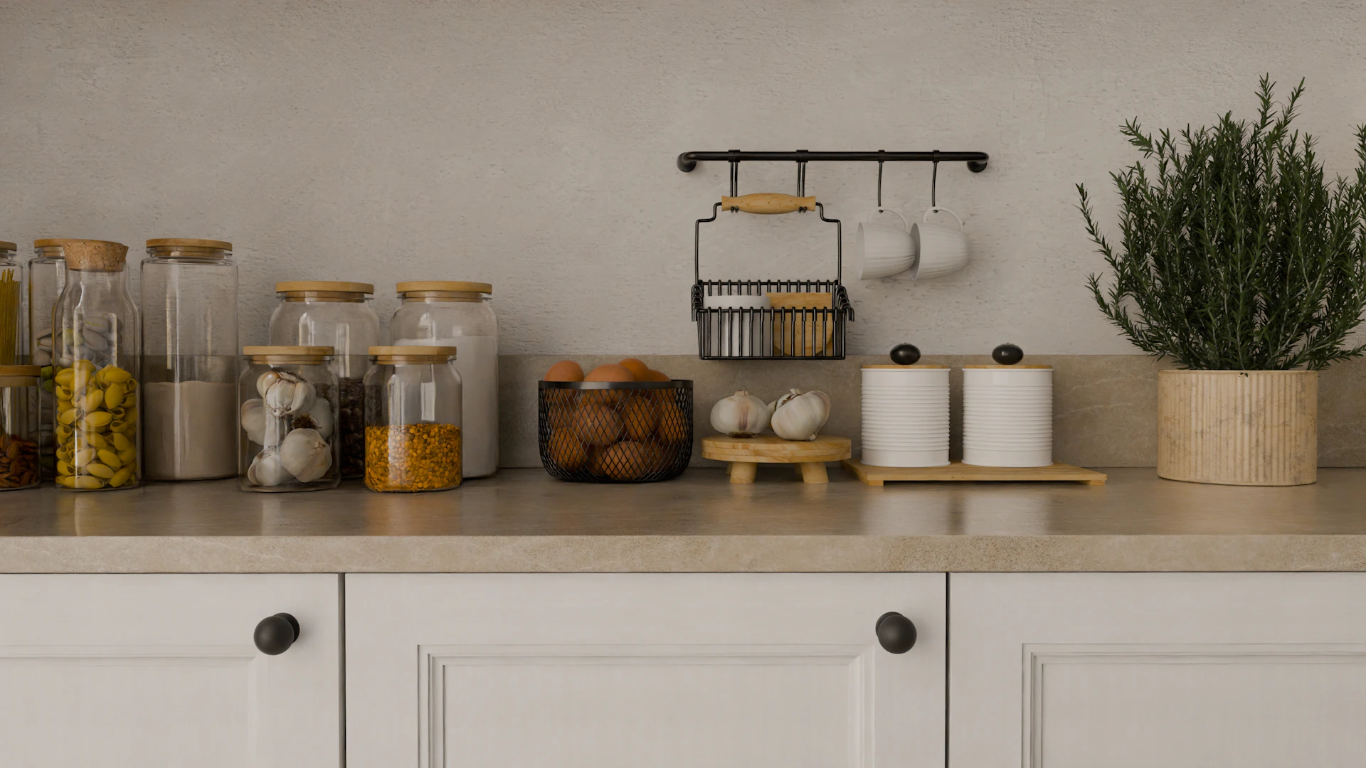 A kitchen counter topped with lots of jars and containers