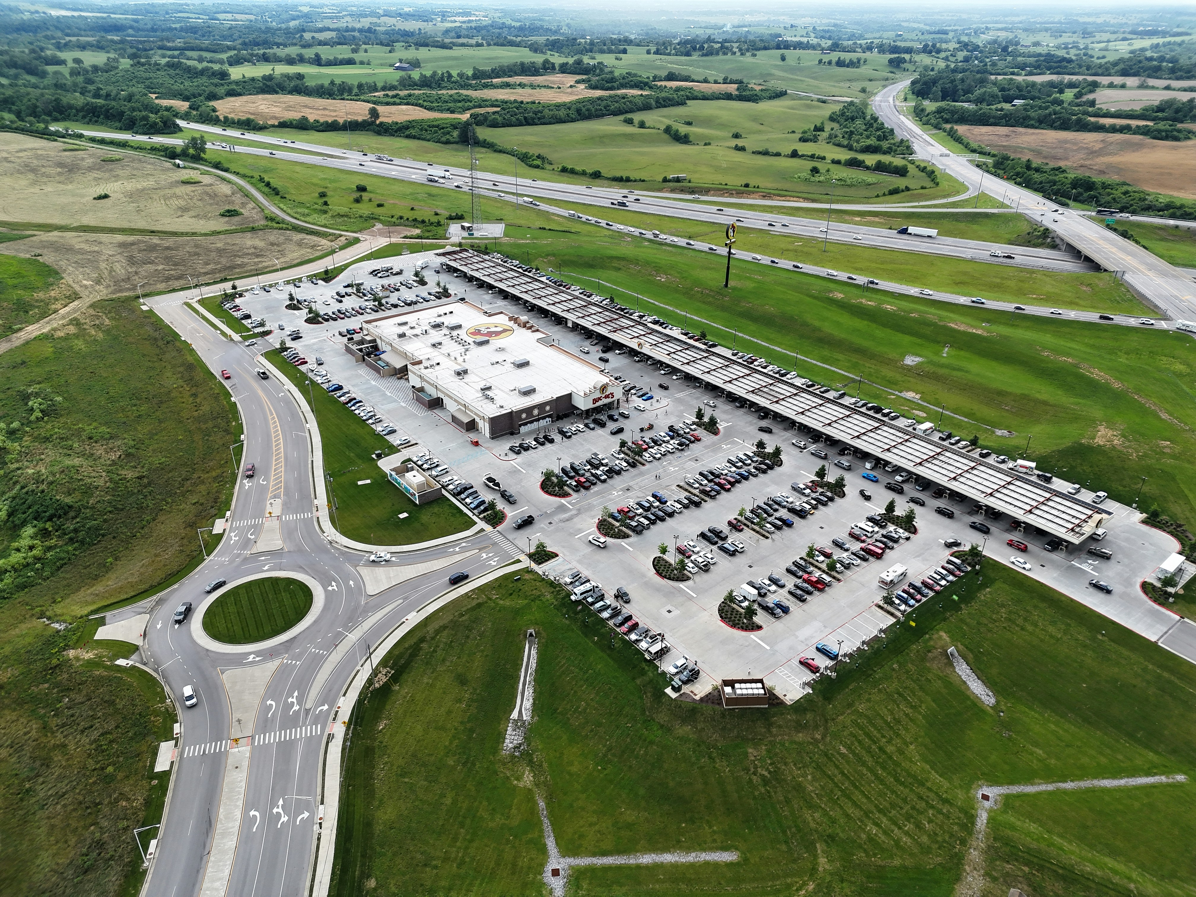 An aerial view of a large parking lot