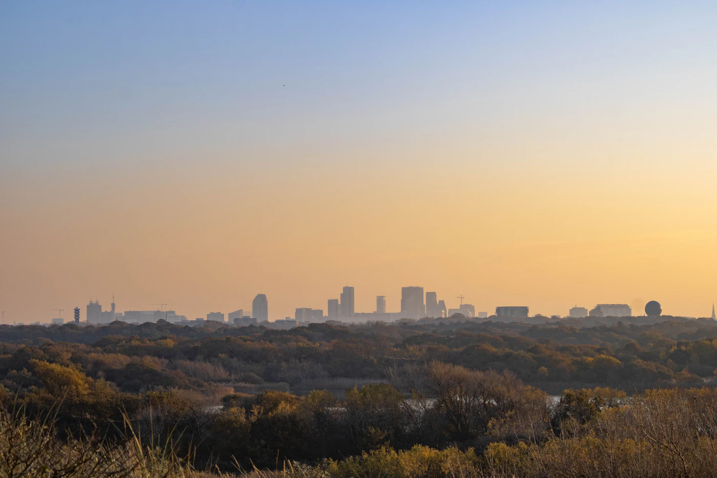 The Hague skyline at dusk, seen from the dunes