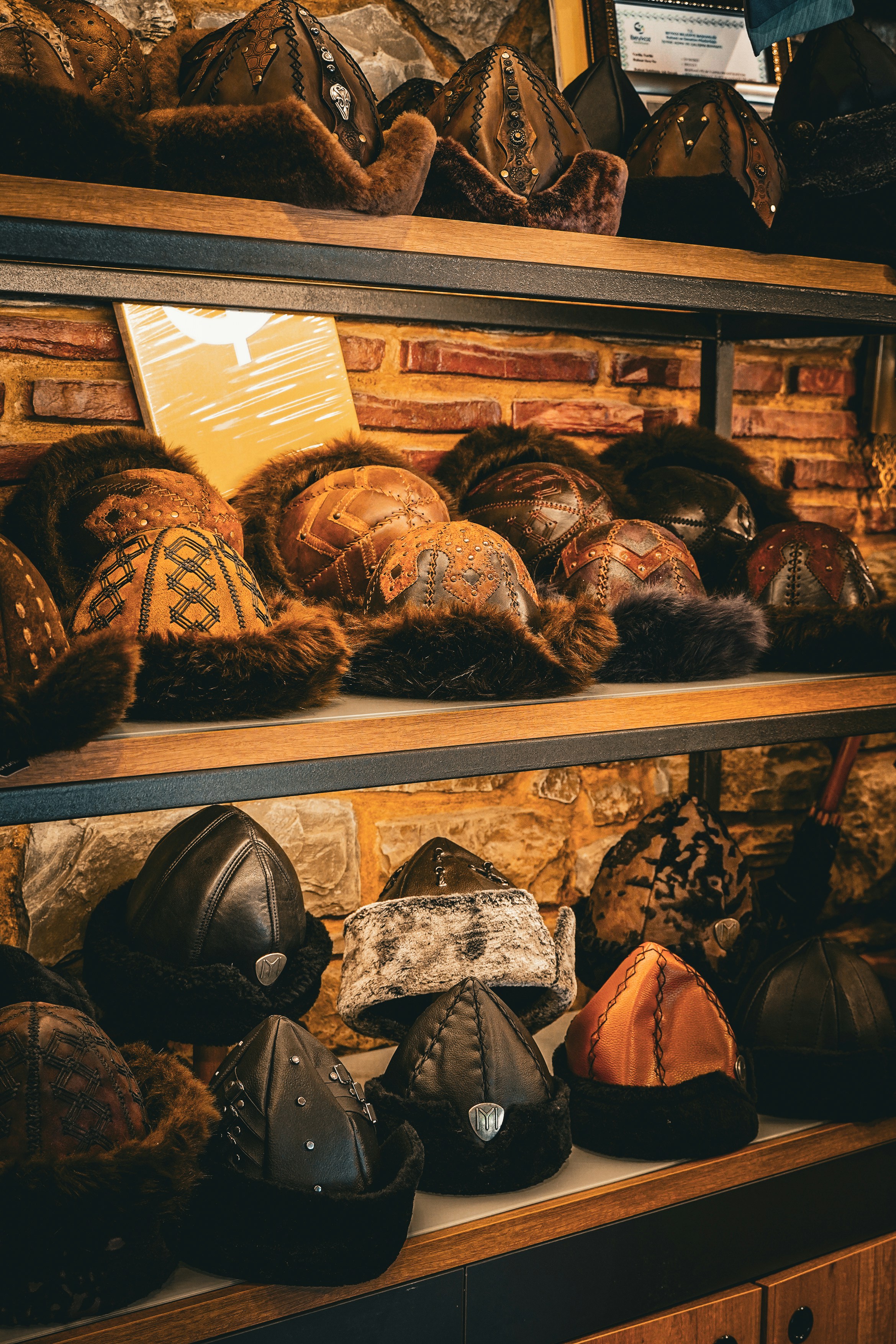 A display case filled with lots of hats