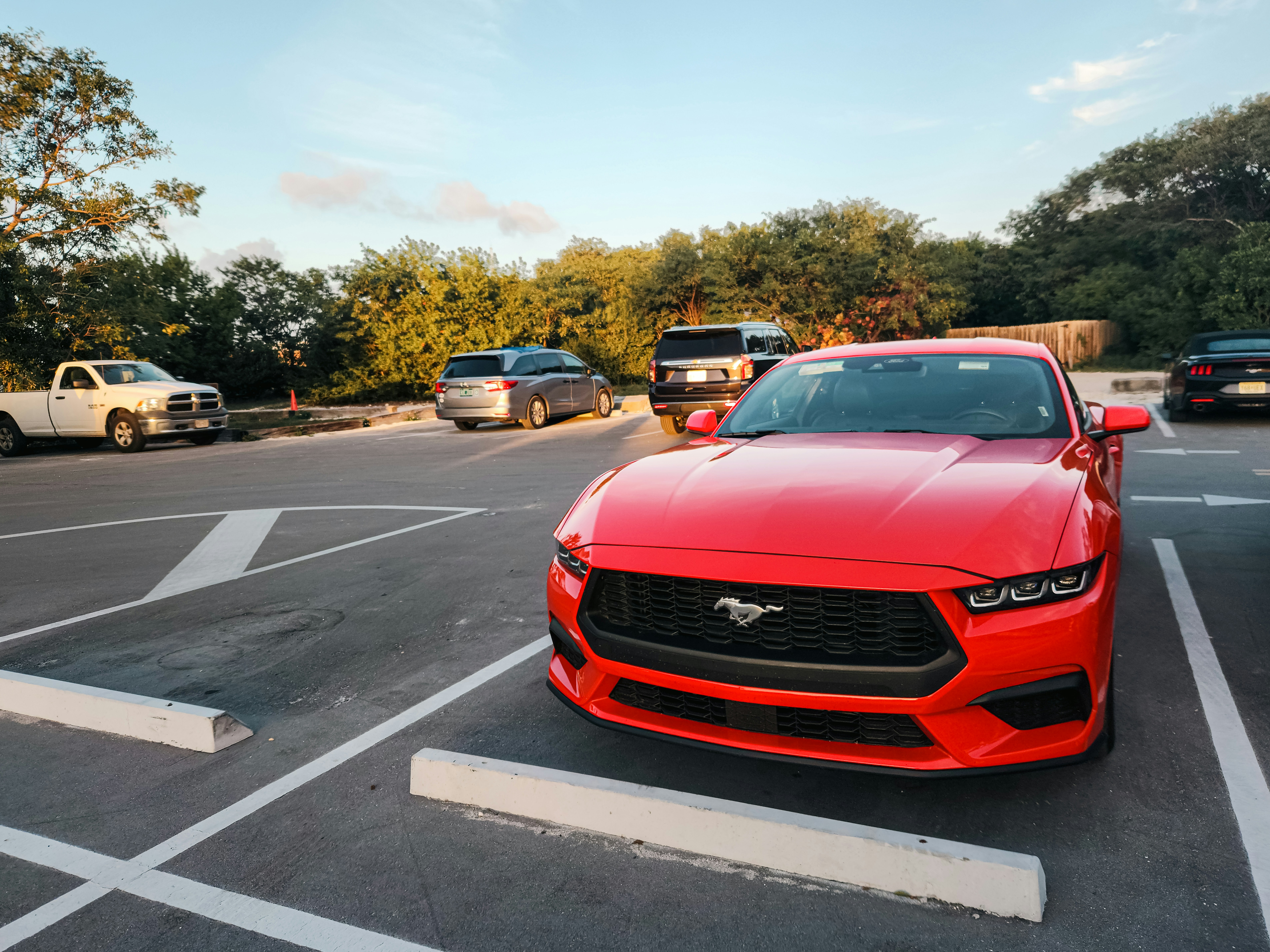 A red mustang parked in a parking lot