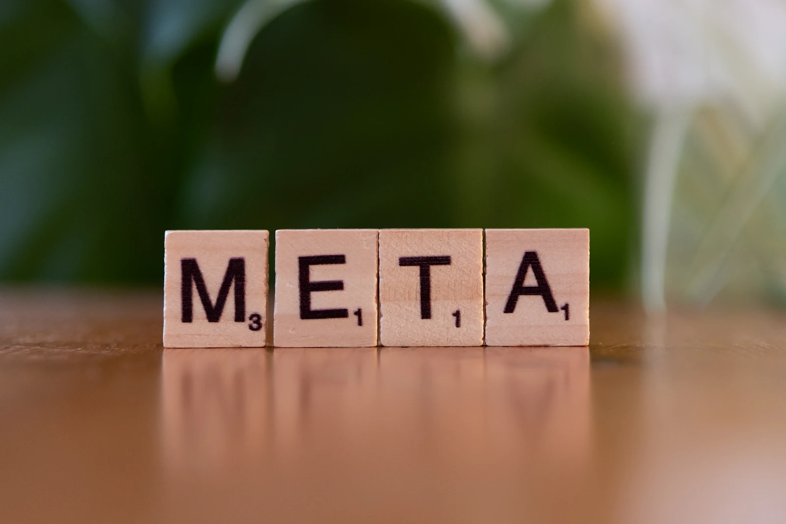 Wooden blocks spelling the word meta on a table