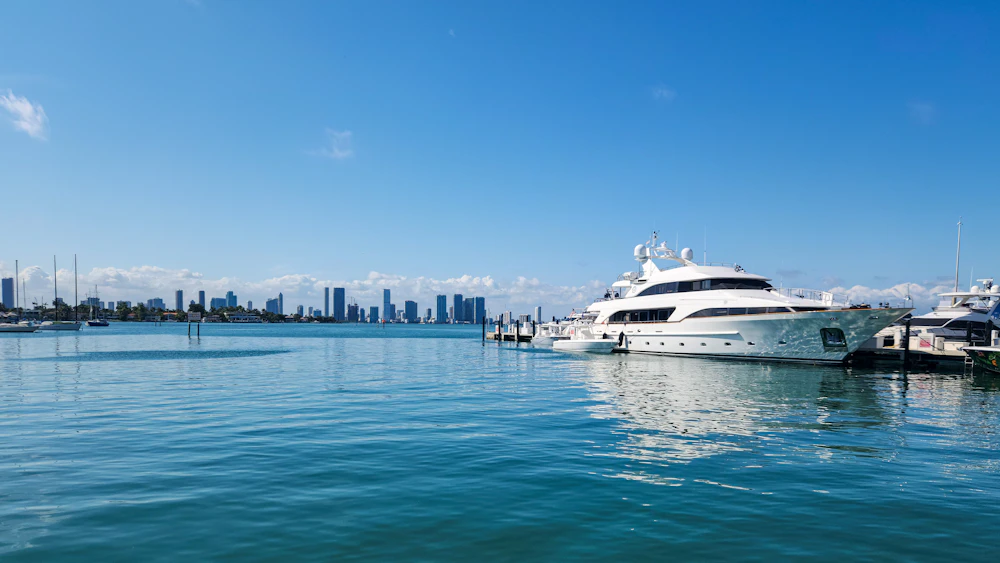 Luxury yacht charter near a coastal city skyline