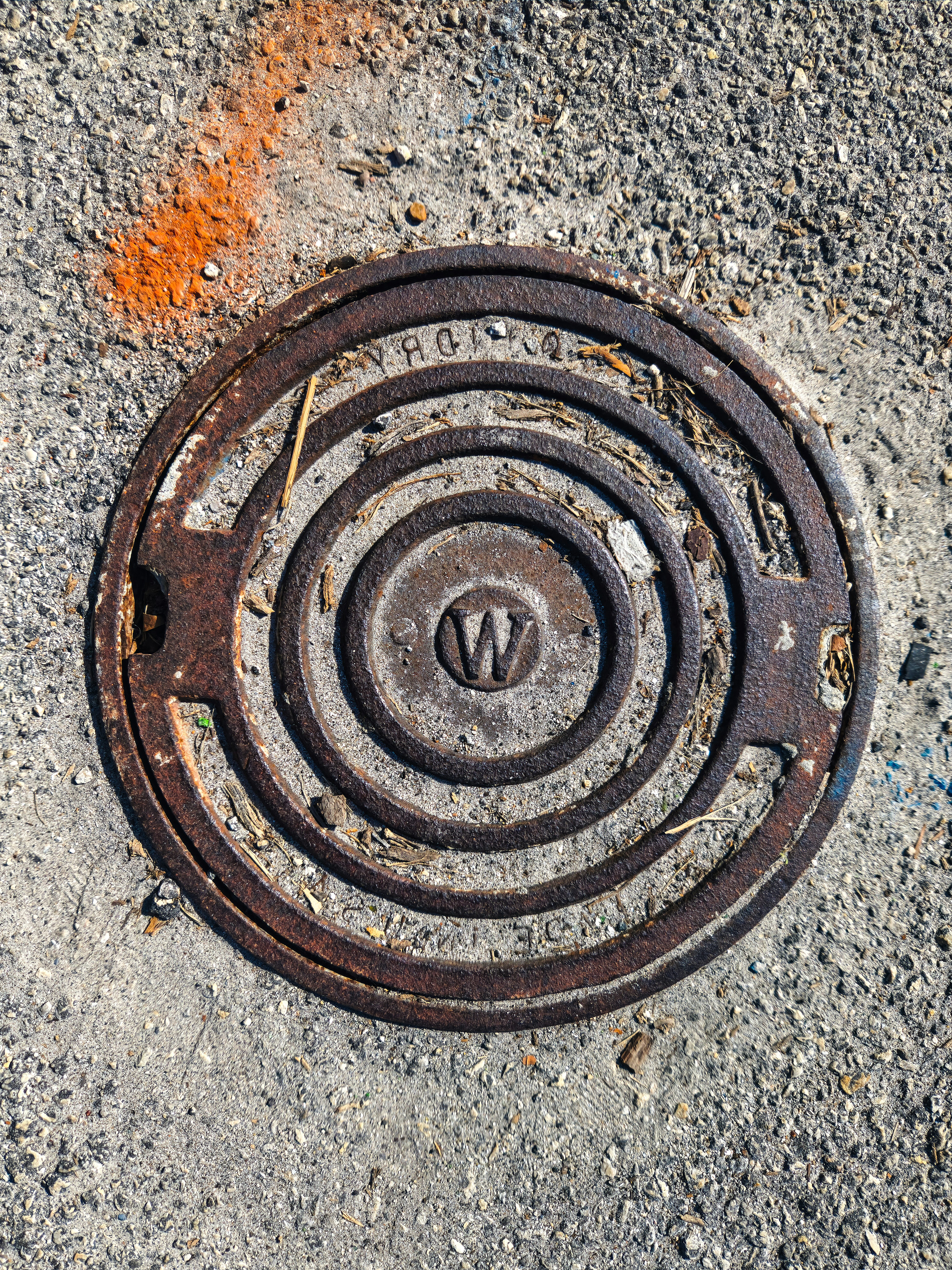 Una tapa de alcantarilla en el suelo con un diseño circular