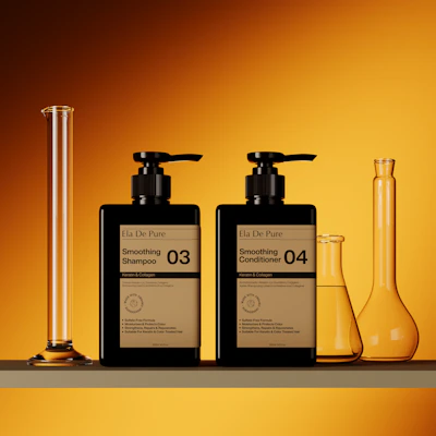 A shelf with three bottles and a flask of liquid