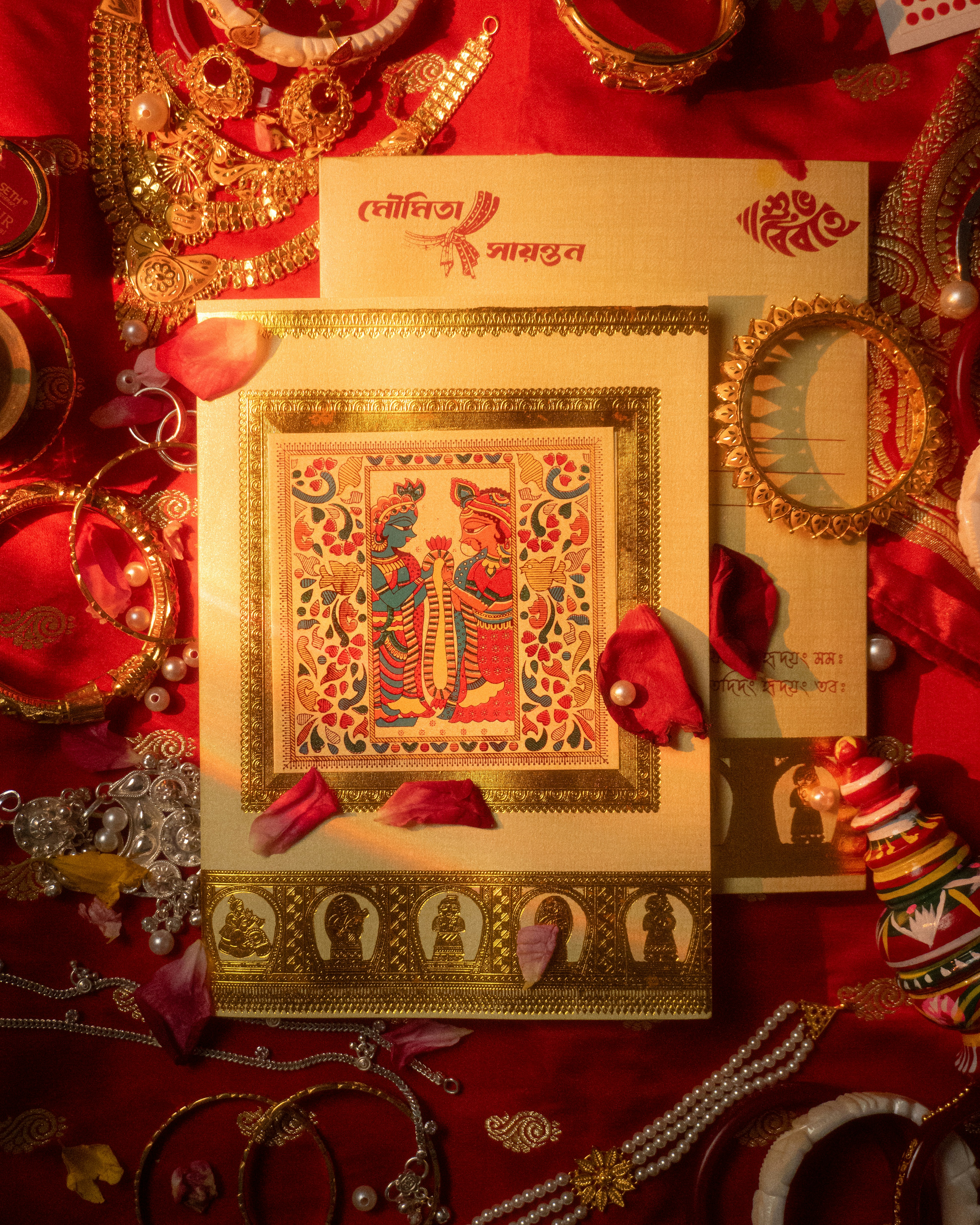 A red cloth with a picture of a woman on it