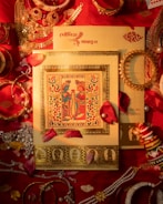 A red cloth with a picture of a woman on it