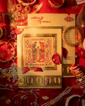 A red cloth with a picture of a woman on it