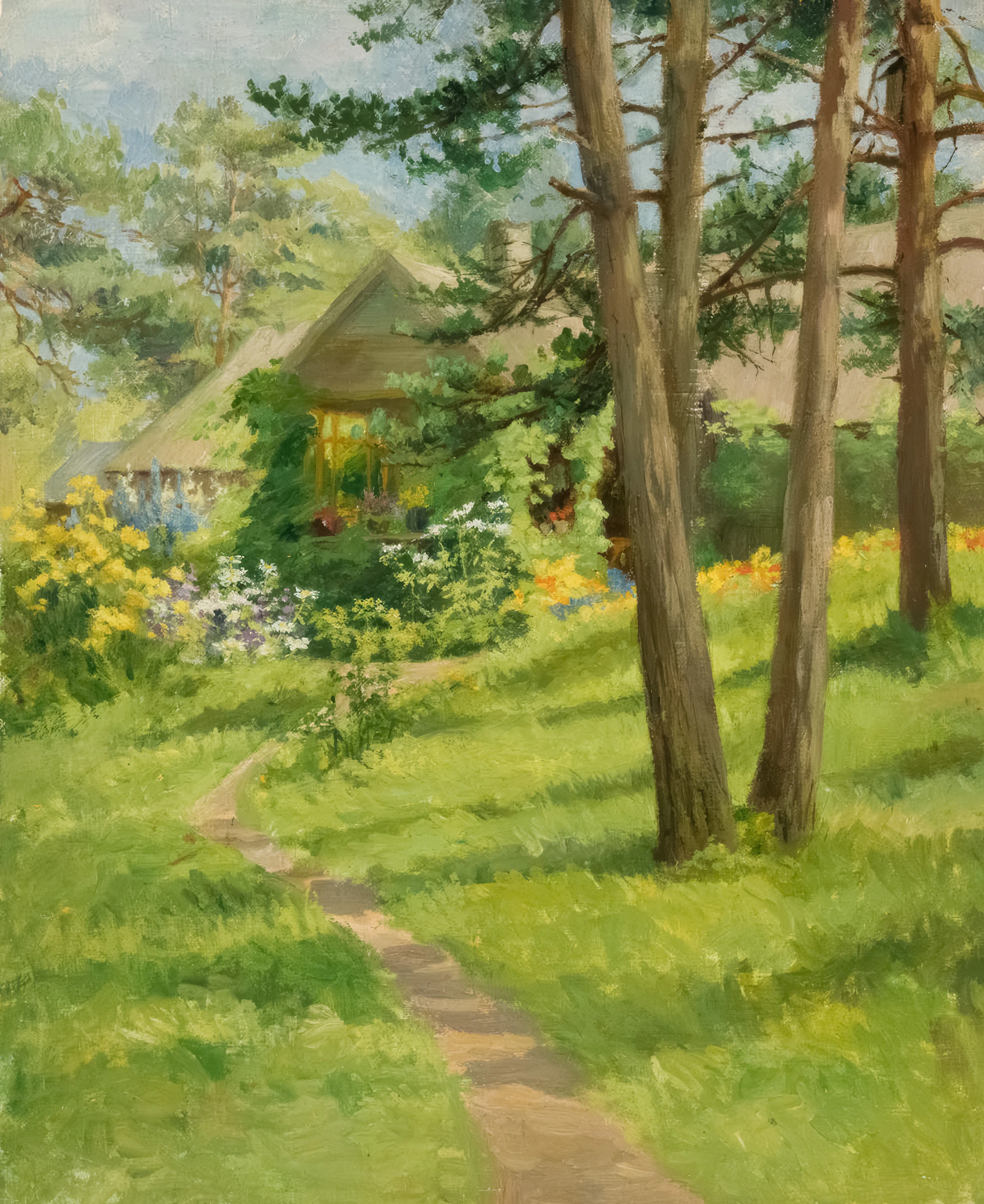 A winding path leads to a cottage surrounded by trees.