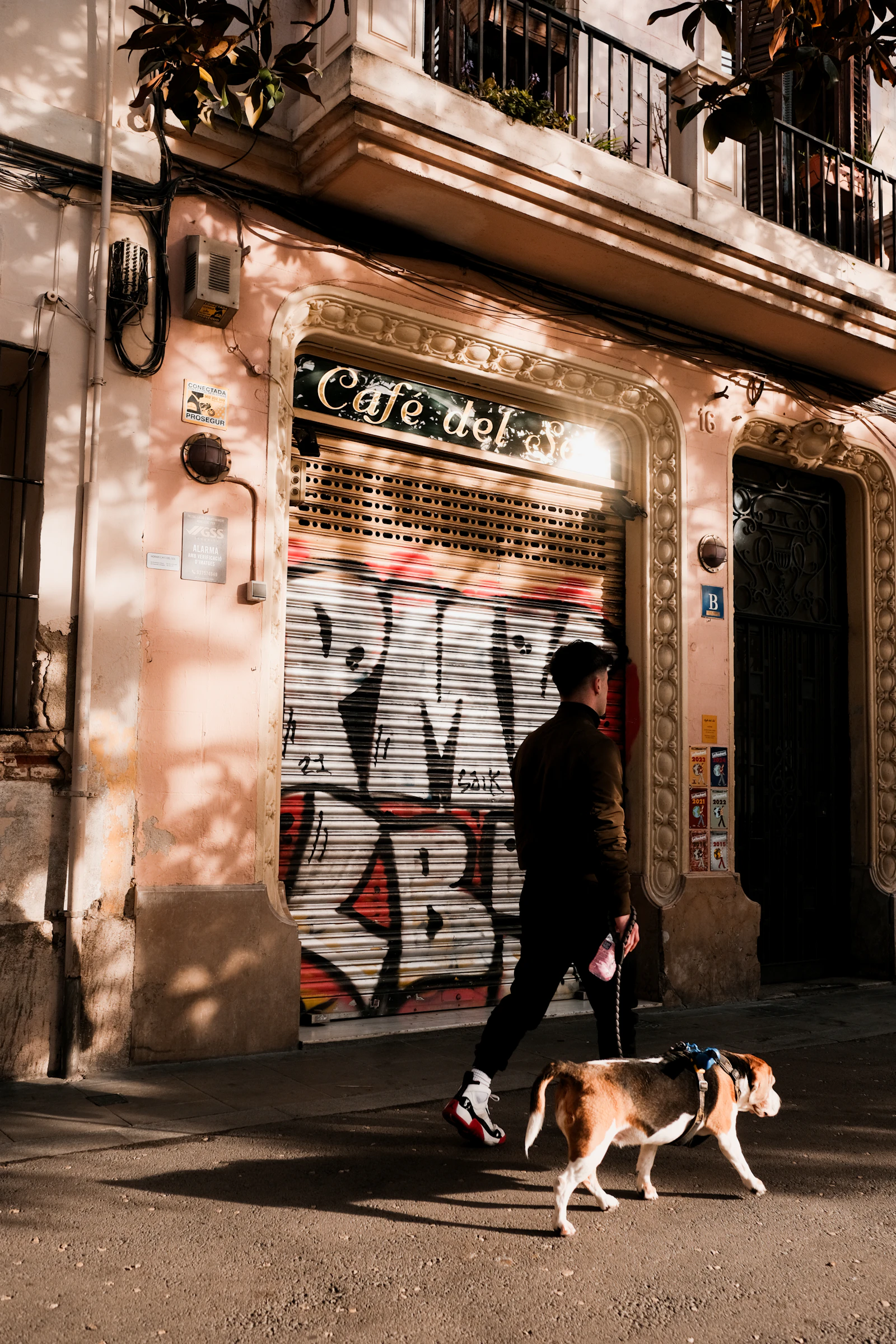 Persona caminando con un perro por una calle urbana de arquitectura española y luz cálida