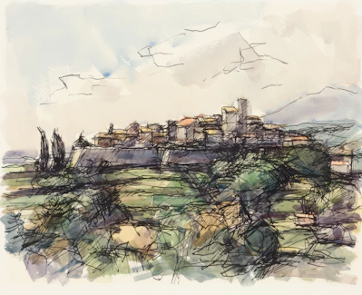 Watercolor sketch of a historic european town on a hill