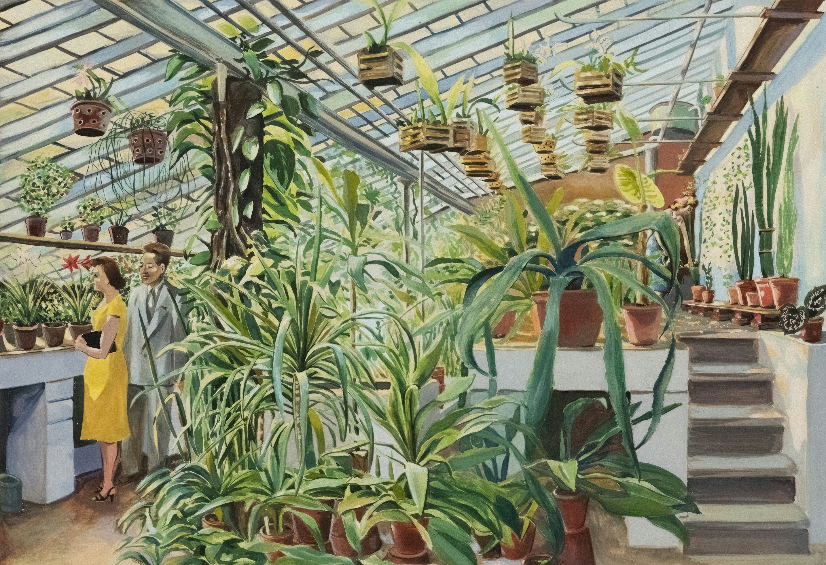 People admire lush plants inside a sunlit greenhouse.