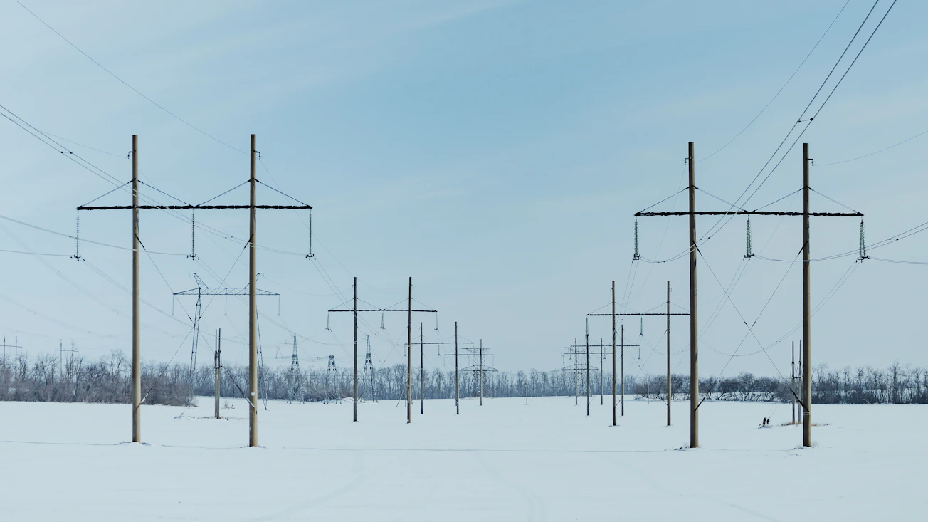 Torres y cables de transmisión eléctrica sobre un campo cubierto de nieve