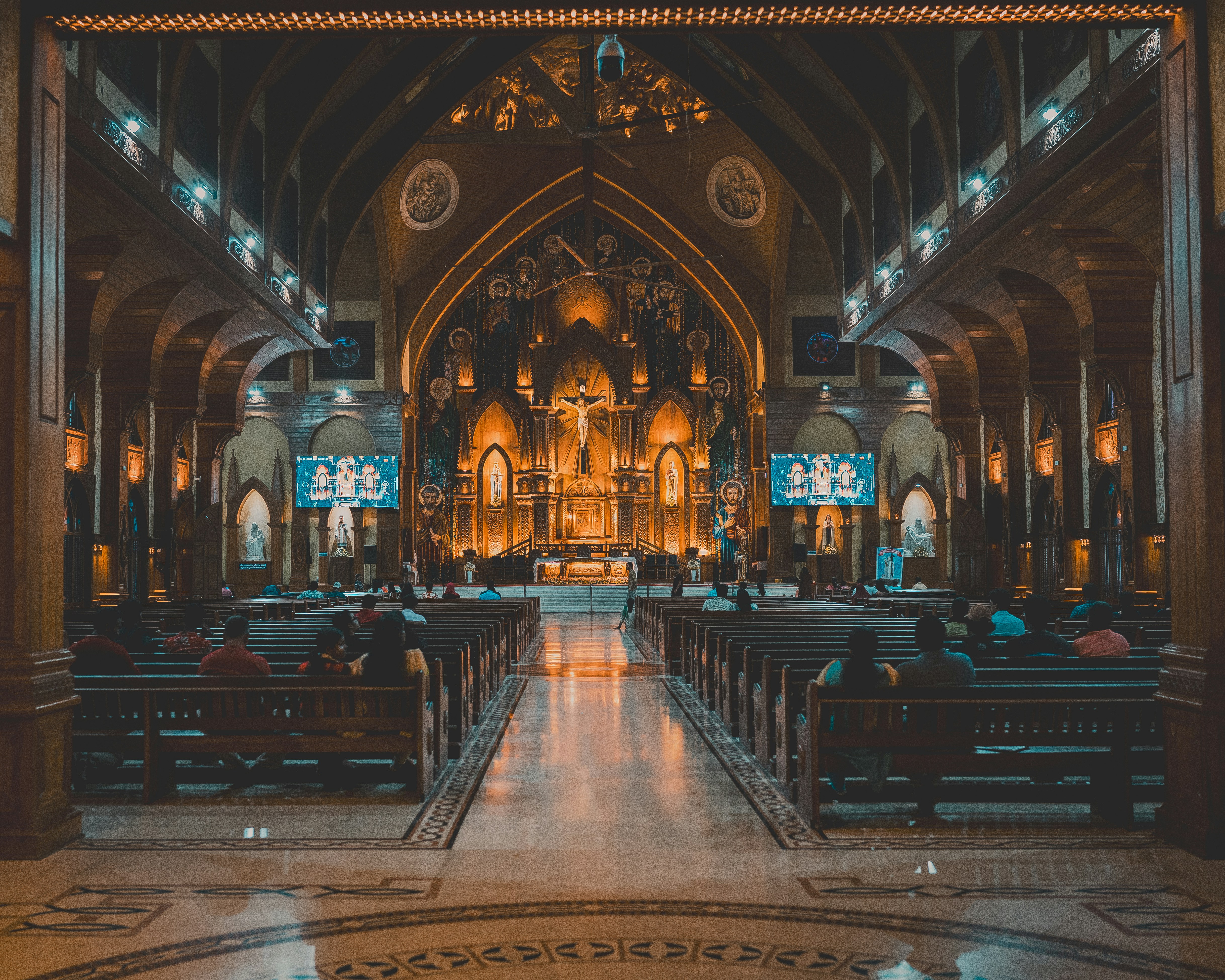 A large church with a lot of pews