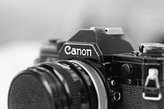 A black and white photo of a camera