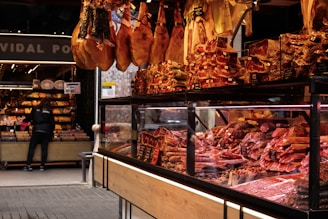 A display of meat hanging in a store