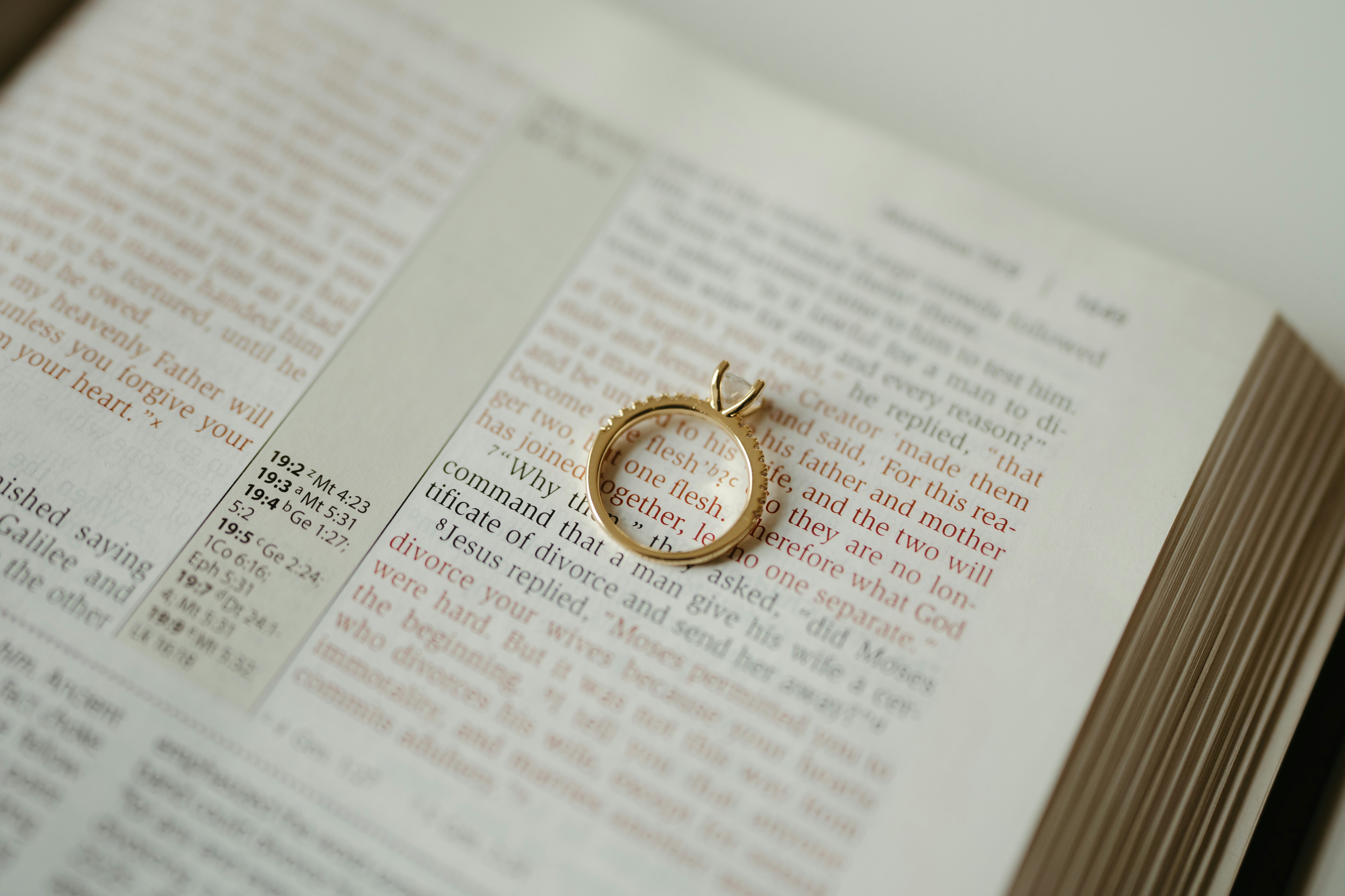 A gold ring sitting on top of an open book