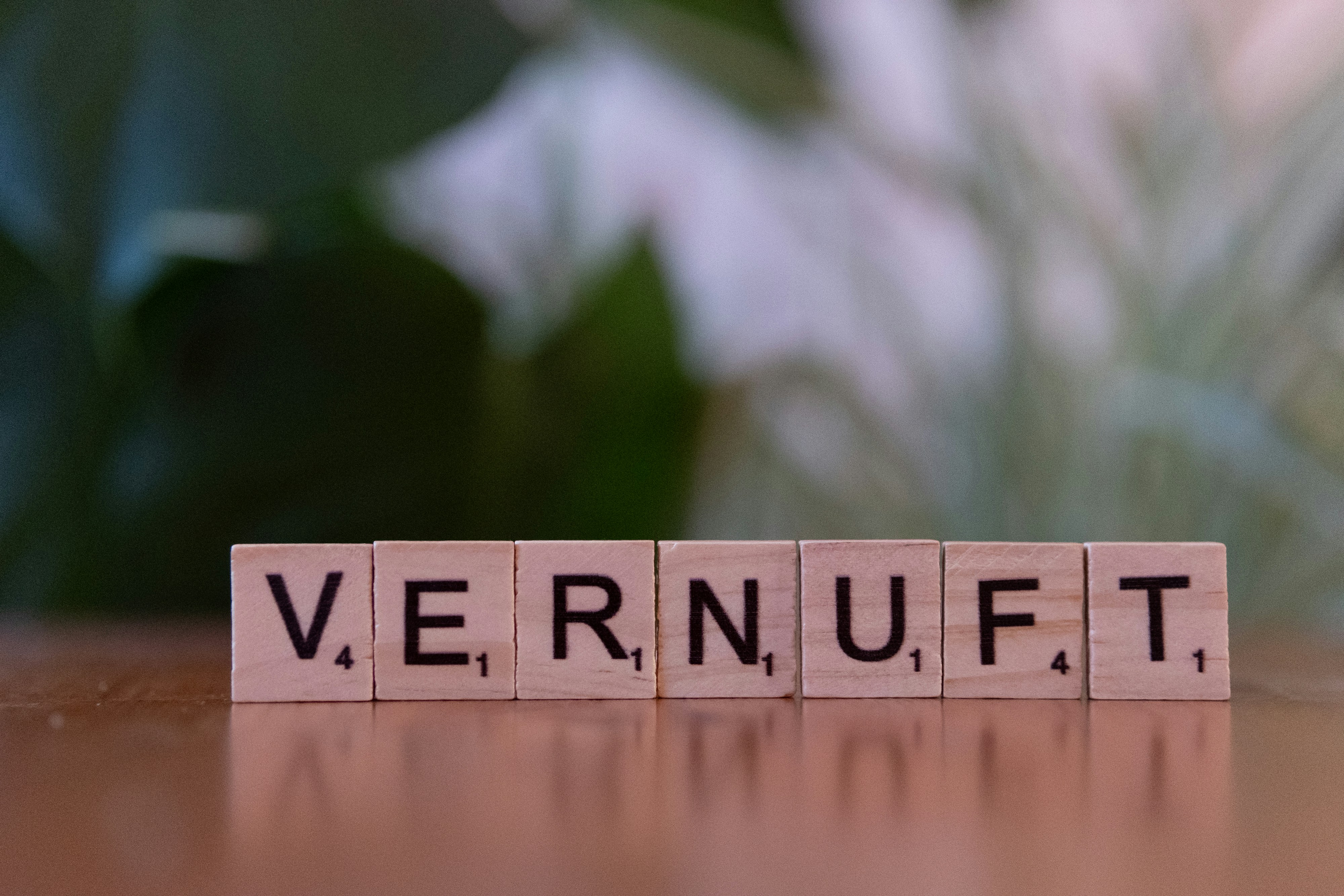 A wooden block spelling the word vernufft on a table