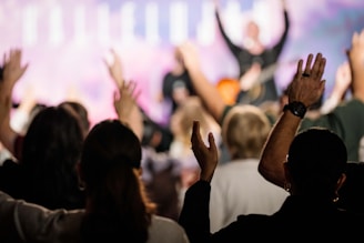 A crowd of people raising their hands in the air